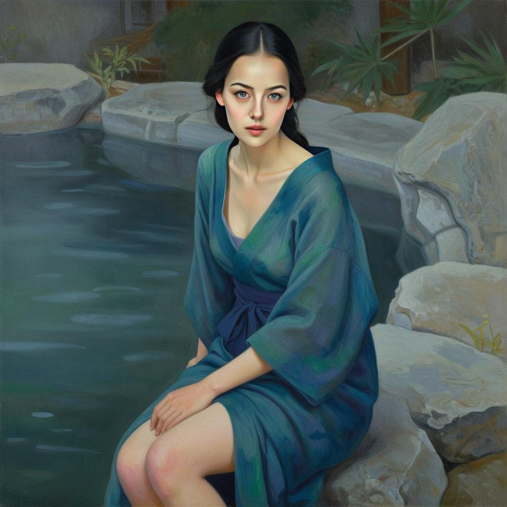 Serene Woman in Blue Robe by Stone Pond Painting