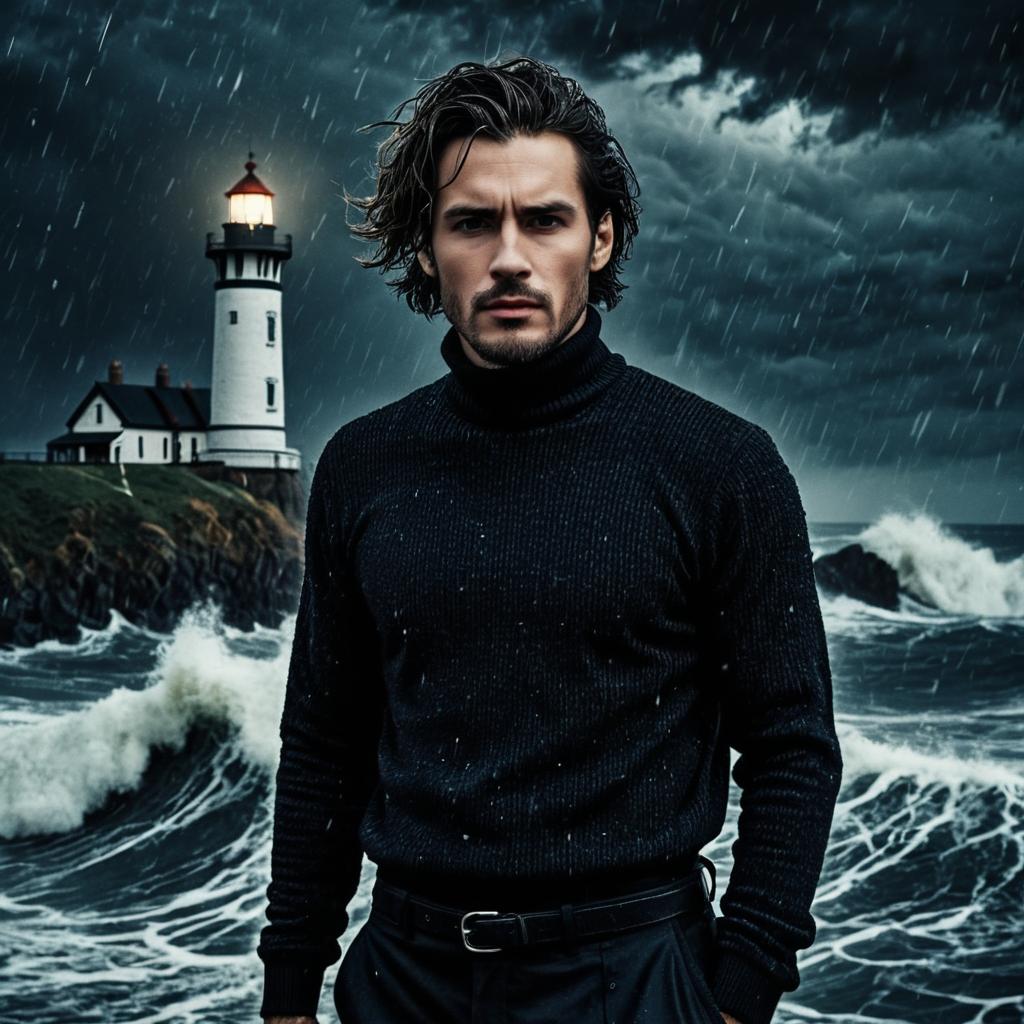 Confident Man Before Stormy Sea and Lighthouse