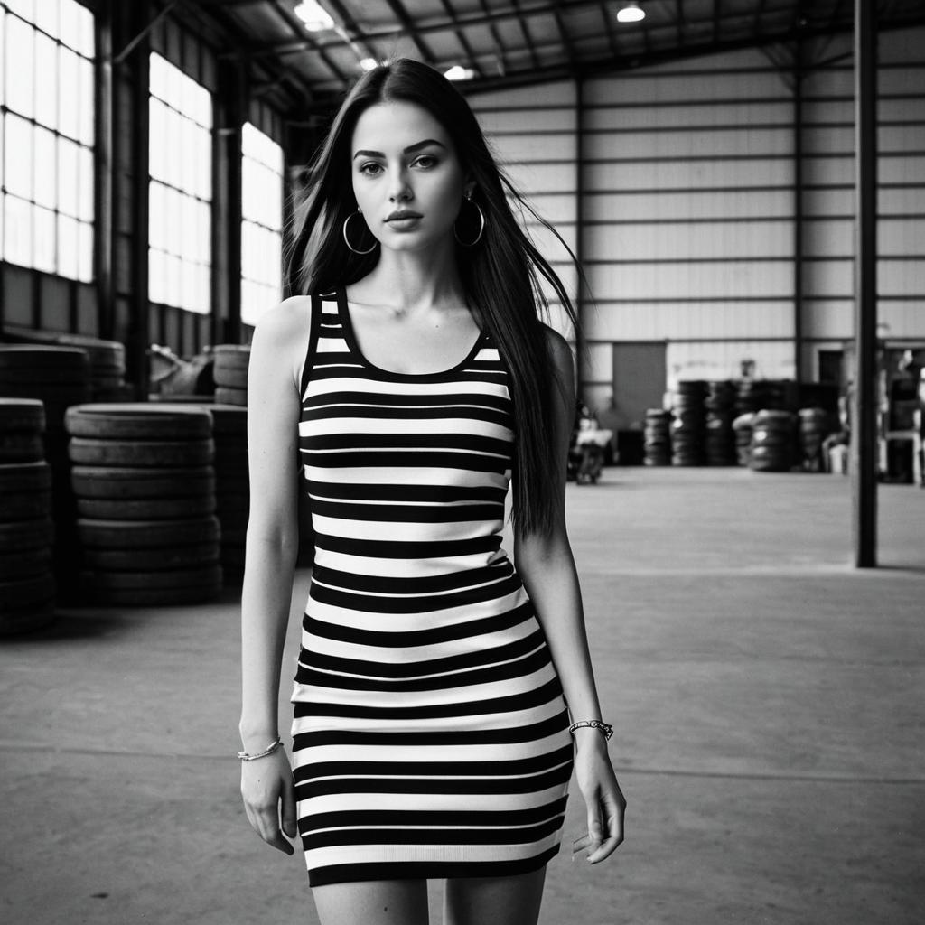 Confident Woman in Black and White Striped Dress in Industrial Warehouse Confident Woman in Black and White Striped Dress in Industrial Warehouse