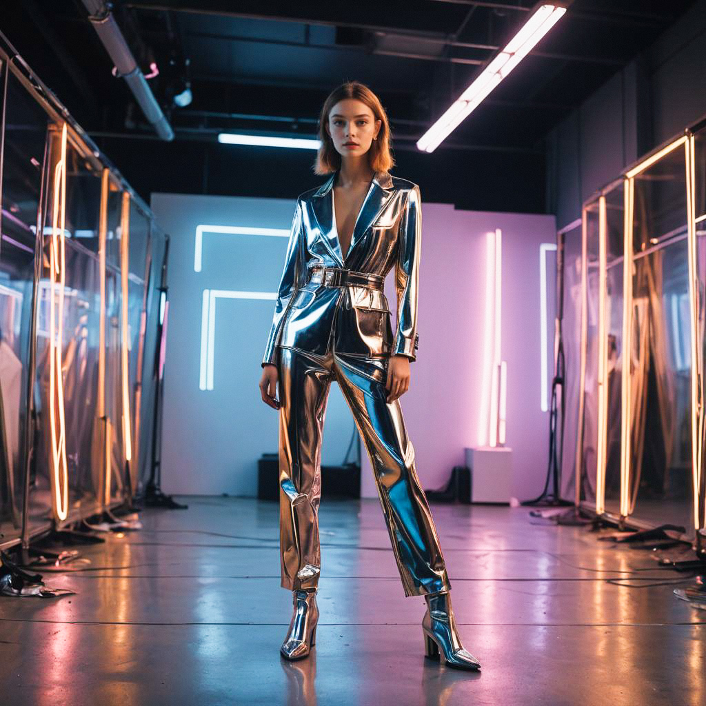 Confident Woman in Futuristic Silver Pantsuit