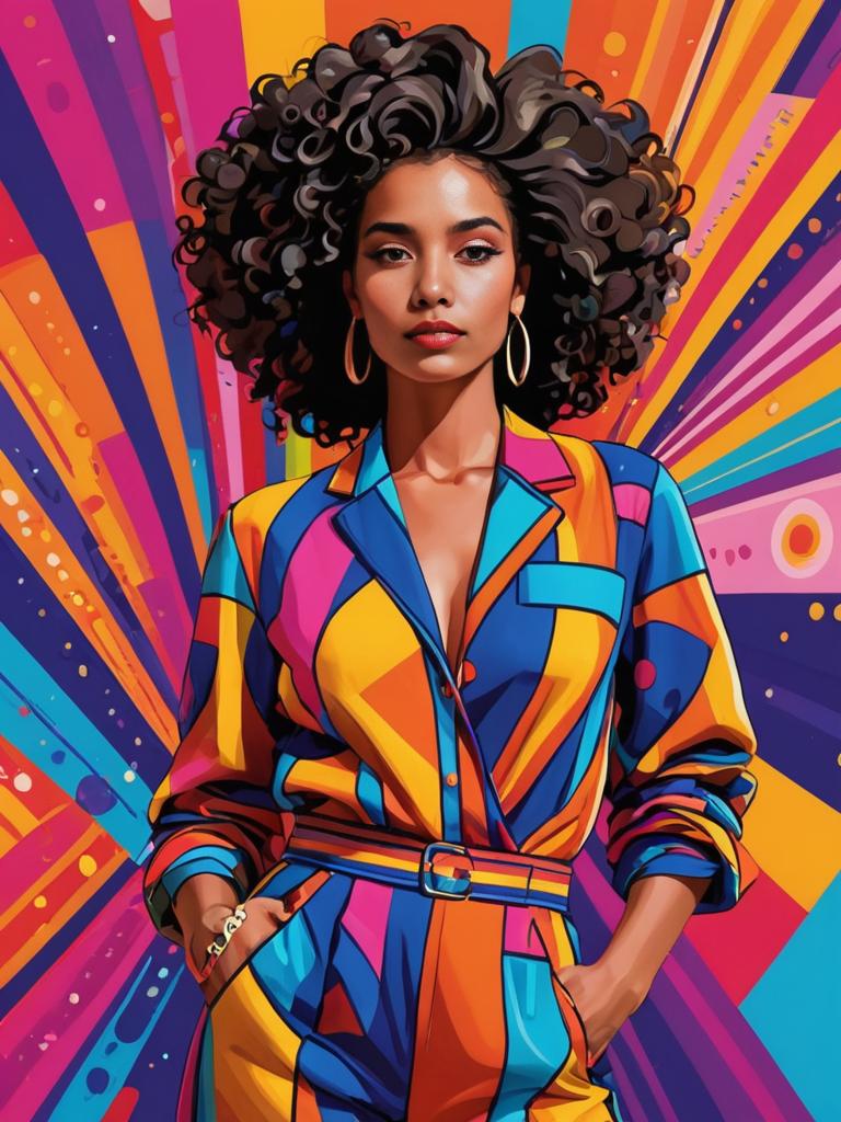 Vibrant Woman in Multicolored Outfit Against Artistic Backdrop