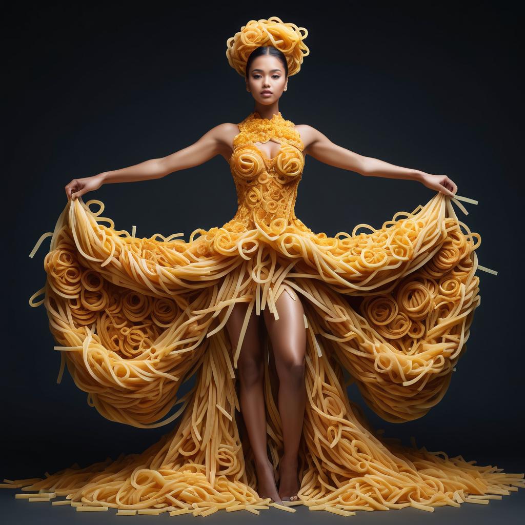 Model in Pasta Gown - Fashion Meets Culinary Art