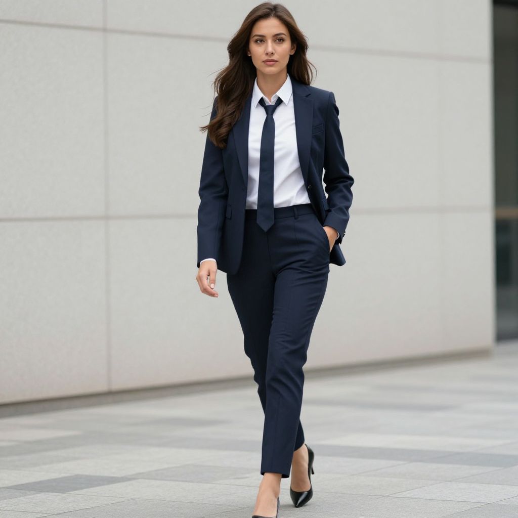 Confident Woman in Navy Blue Business Suit Walking Outdoors