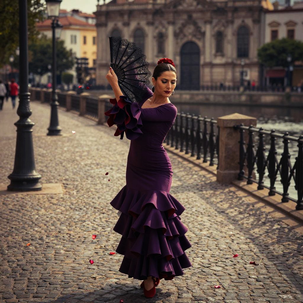 Flamenco Dancer in Purple Dress with Black Fan on Cobblestone Street