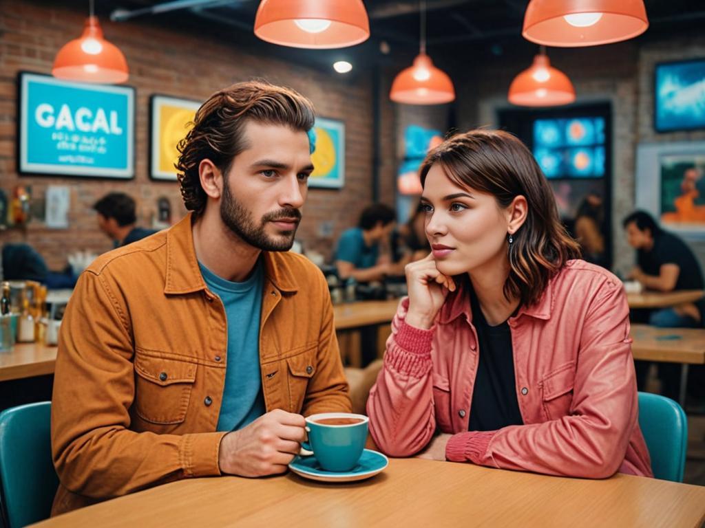 Stylish man and woman in deep conversation at cozy café