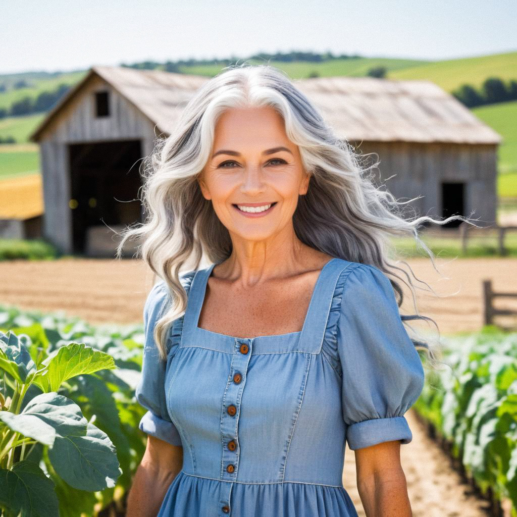 Joyful Woman in Denim Dress in Countryside