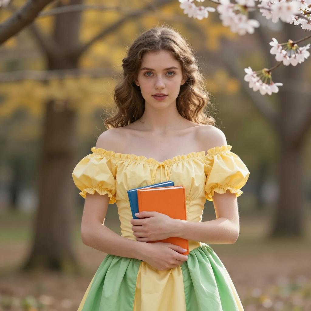 Young Woman in Vintage Dress Holding Books in Autumn Park
