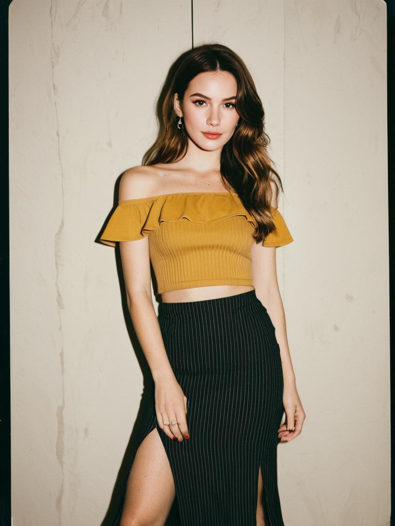 Fashionable Woman in Mustard Crop Top and Pinstripe Skirt