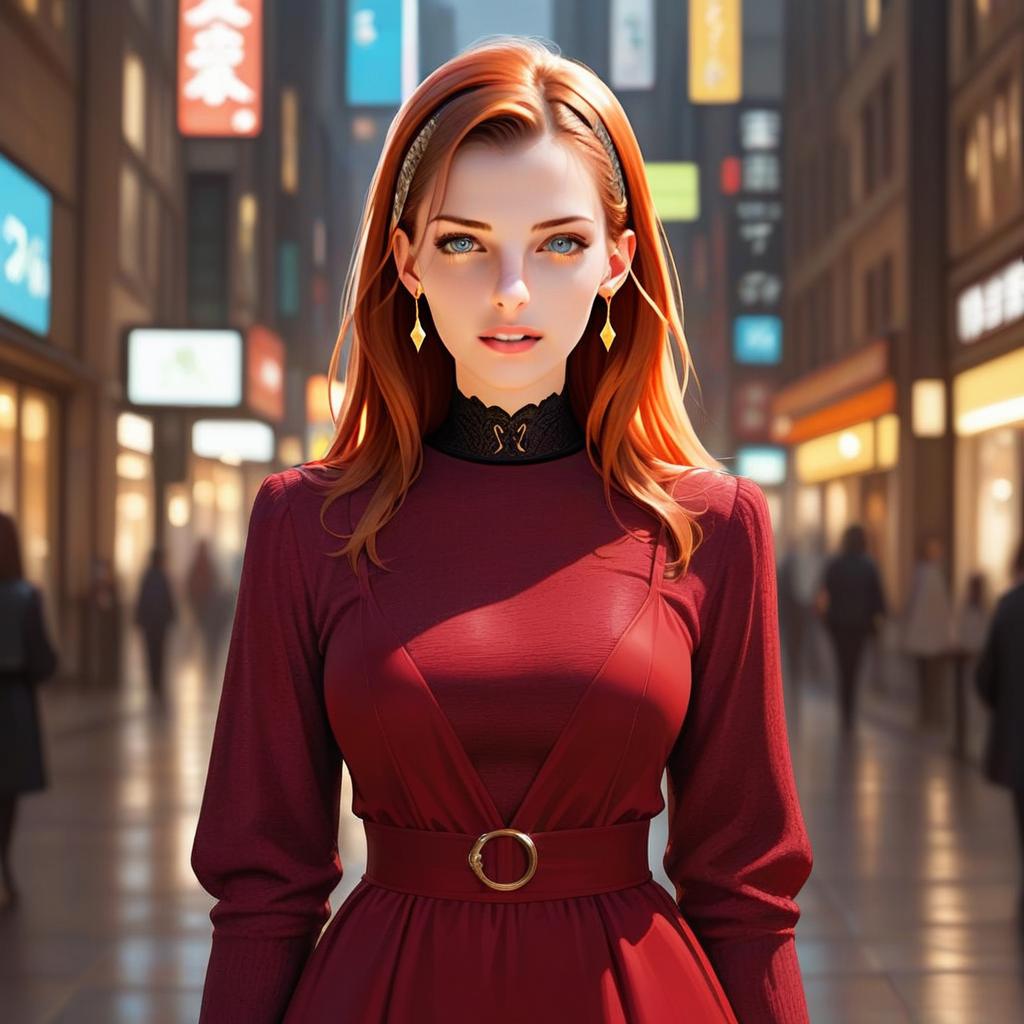 Confident Young Woman in Red Dress with Blue Eyes