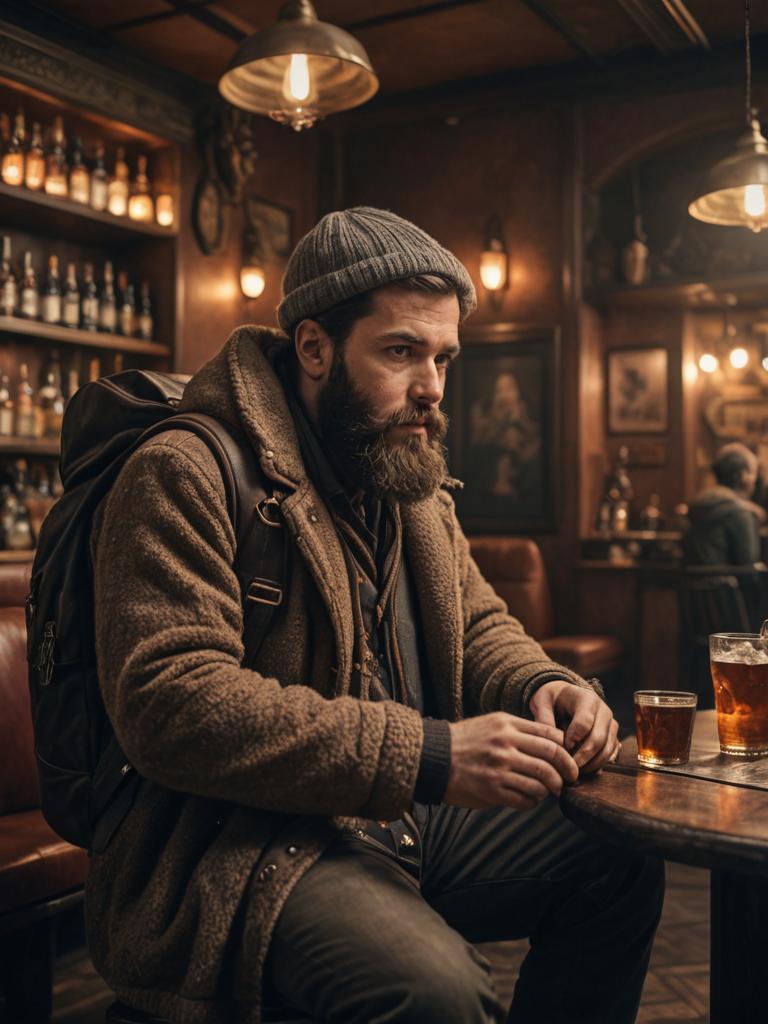 Pensive Bearded Man in Cozy Pub