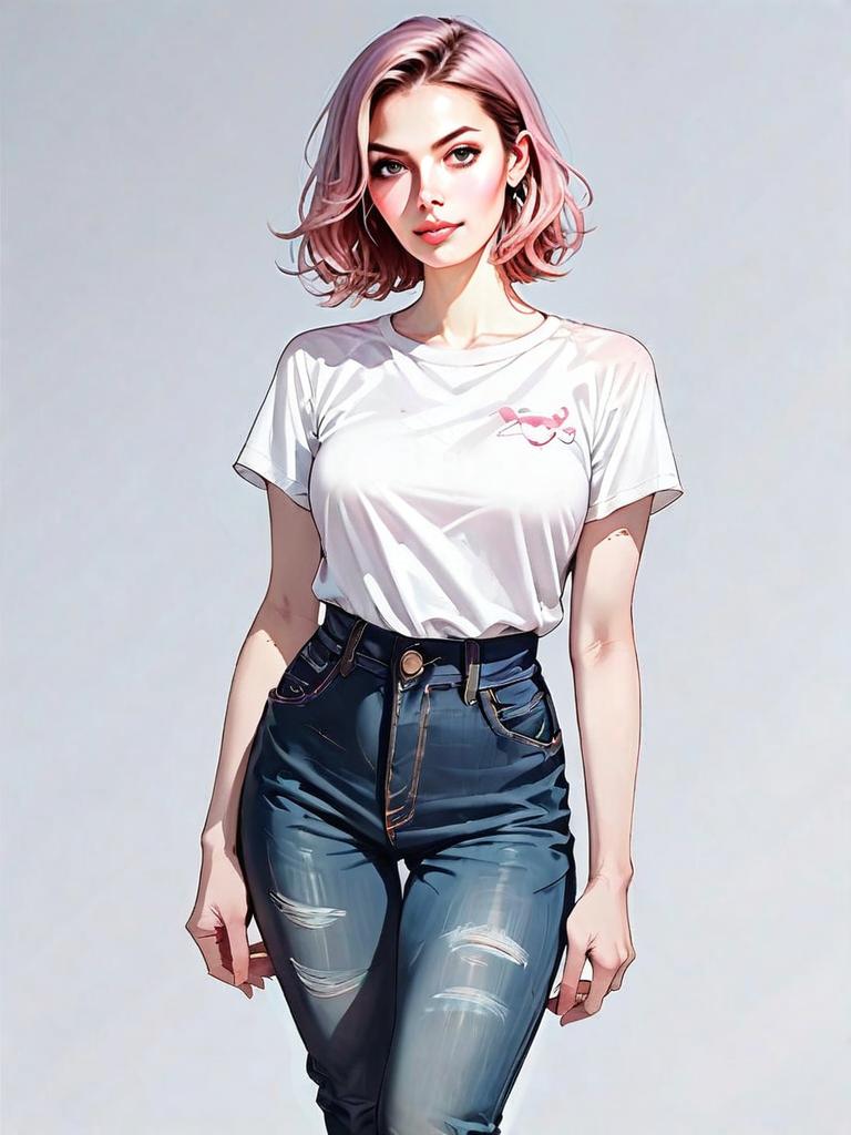 Realistic Comic Style Full-Body Illustration of Woman in Casual Outfit