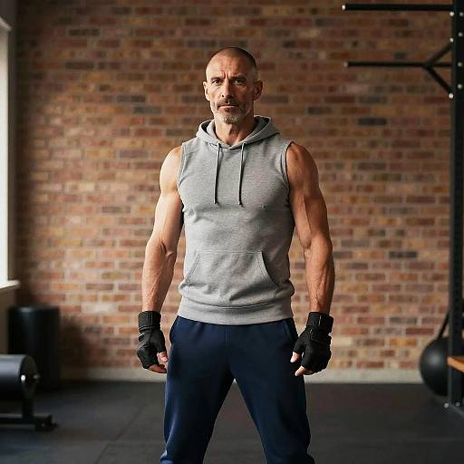 Muscular Middle-Aged Man in Gym Wearing Sleeveless Hoodie and Workout Gloves