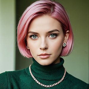 Woman with Pink Hair in Green Turtleneck