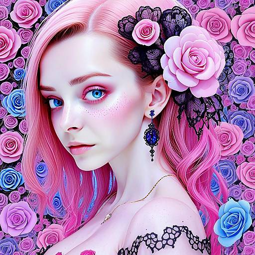 Digital Portrait of Woman with Pink Hair and Floral Background