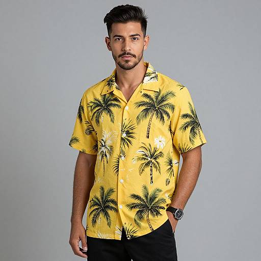 Man Wearing Yellow Tropical Palm Tree Hawaiian Shirt