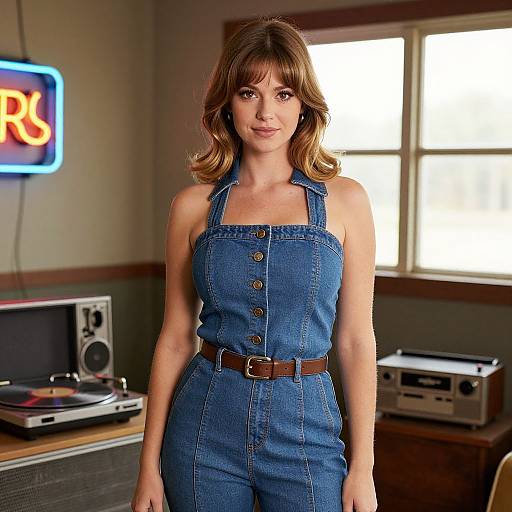 Young Woman in Denim Jumpsuit with Vintage Audio Equipment Indoors
