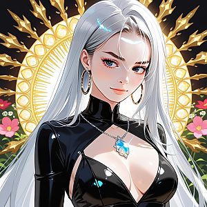 Elegant Anime Woman in Black Outfit with Golden Halo and Blue Pendant