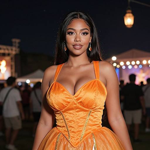 Woman in Vibrant Orange Satin Dress at Outdoor Night Event