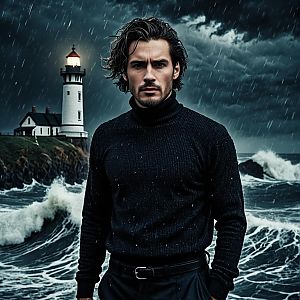 Confident Man Before Stormy Sea and Lighthouse