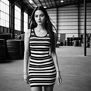 Confident Woman in Black and White Striped Dress in Industrial Warehouse