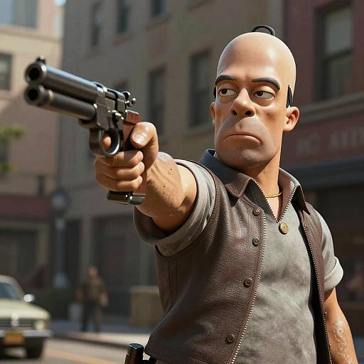 3D Animated Bald Man Aiming Double-Barreled Revolver in Urban Setting