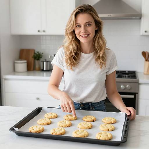 Smiling Woman Holding Tray of Freshly Baked Cookies in Modern Kitchen