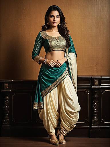 Woman in Teal and Cream Dhoti Suit with Regal Cultural Elegance