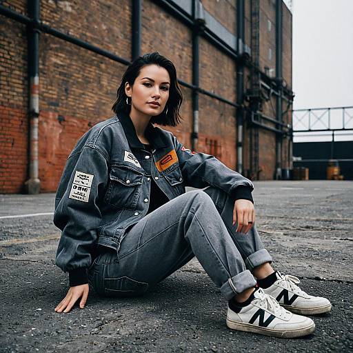 Young Woman in Denim Streetwear Sitting Against Urban Brick Wall
