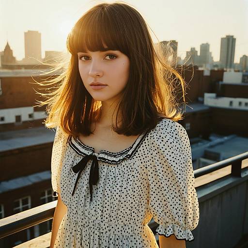 Young Woman in Polka Dot Blouse on Rooftop at Sunset Cityscape