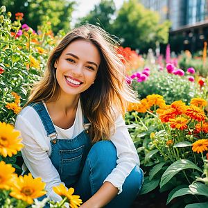 Cheerful Woman in Denim Overalls in Flower Garden