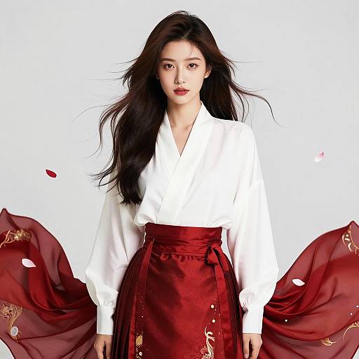 Elegant Young Woman in Traditional Red and White Hanfu Outfit with Flowing Skirt