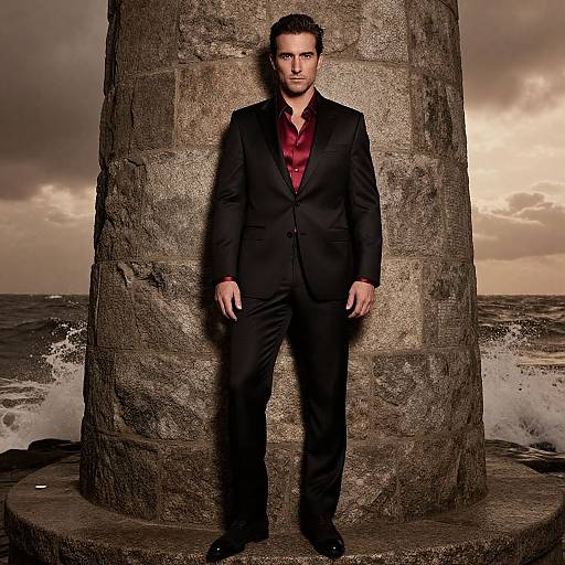Man in Black Suit with Red Shirt by Sea Stone Pillar