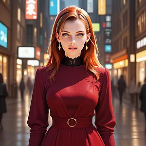 Confident Young Woman in Red Dress with Blue Eyes