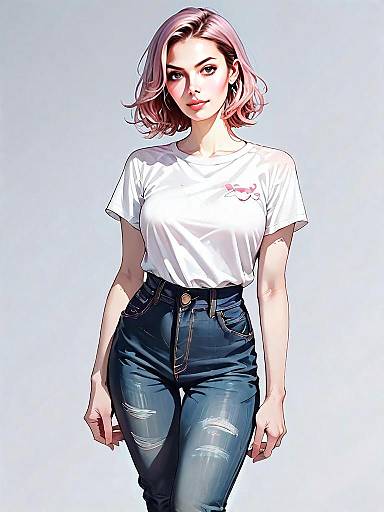 Realistic Comic Style Full-Body Illustration of Woman in Casual Outfit