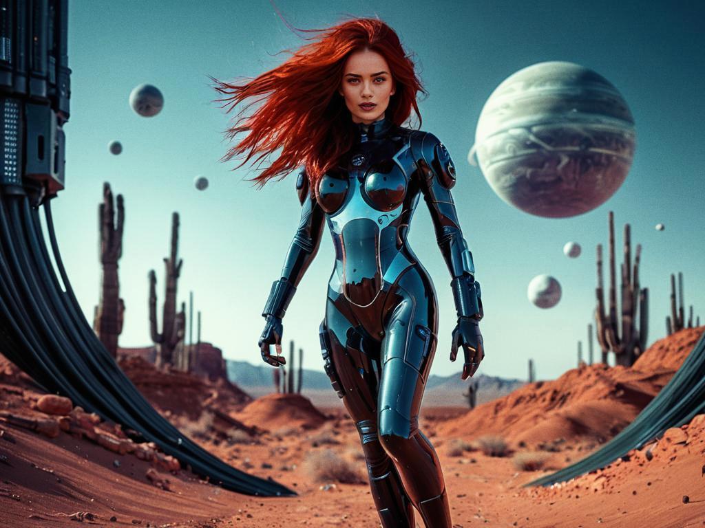 Futuristic Woman in Robotic Suit Walking on Alien Desert Landscape