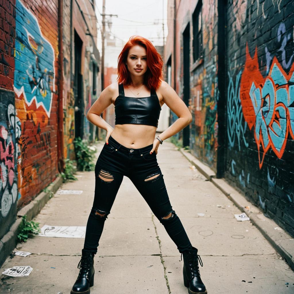 Confident Woman in Black Leather Crop Top and Ripped Jeans in Urban Graffiti Alley