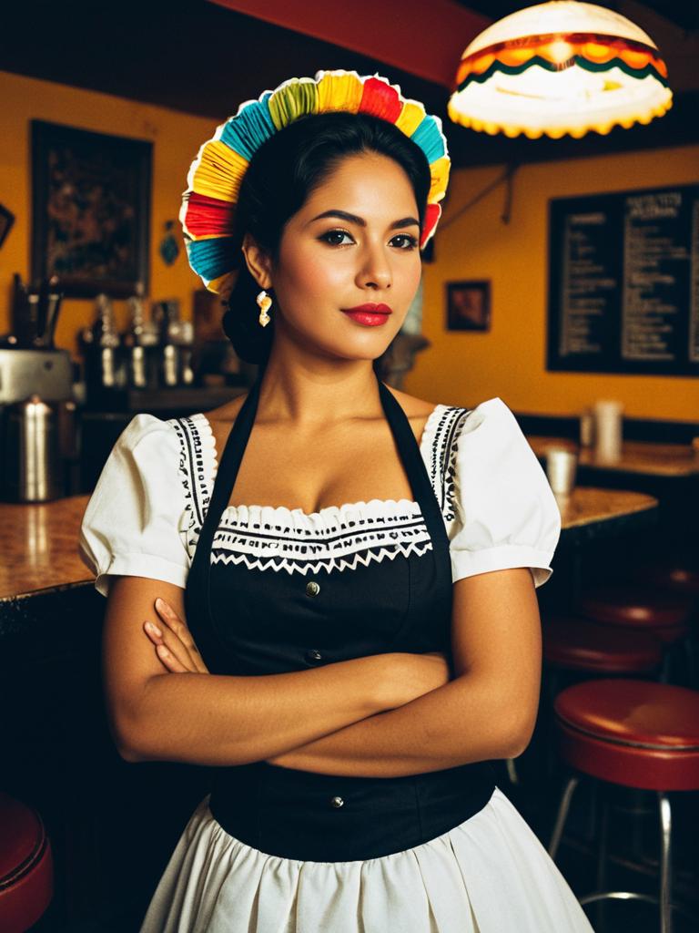 Woman in Traditional Mexican Waitress Costume Waist Up Editorial Portrait