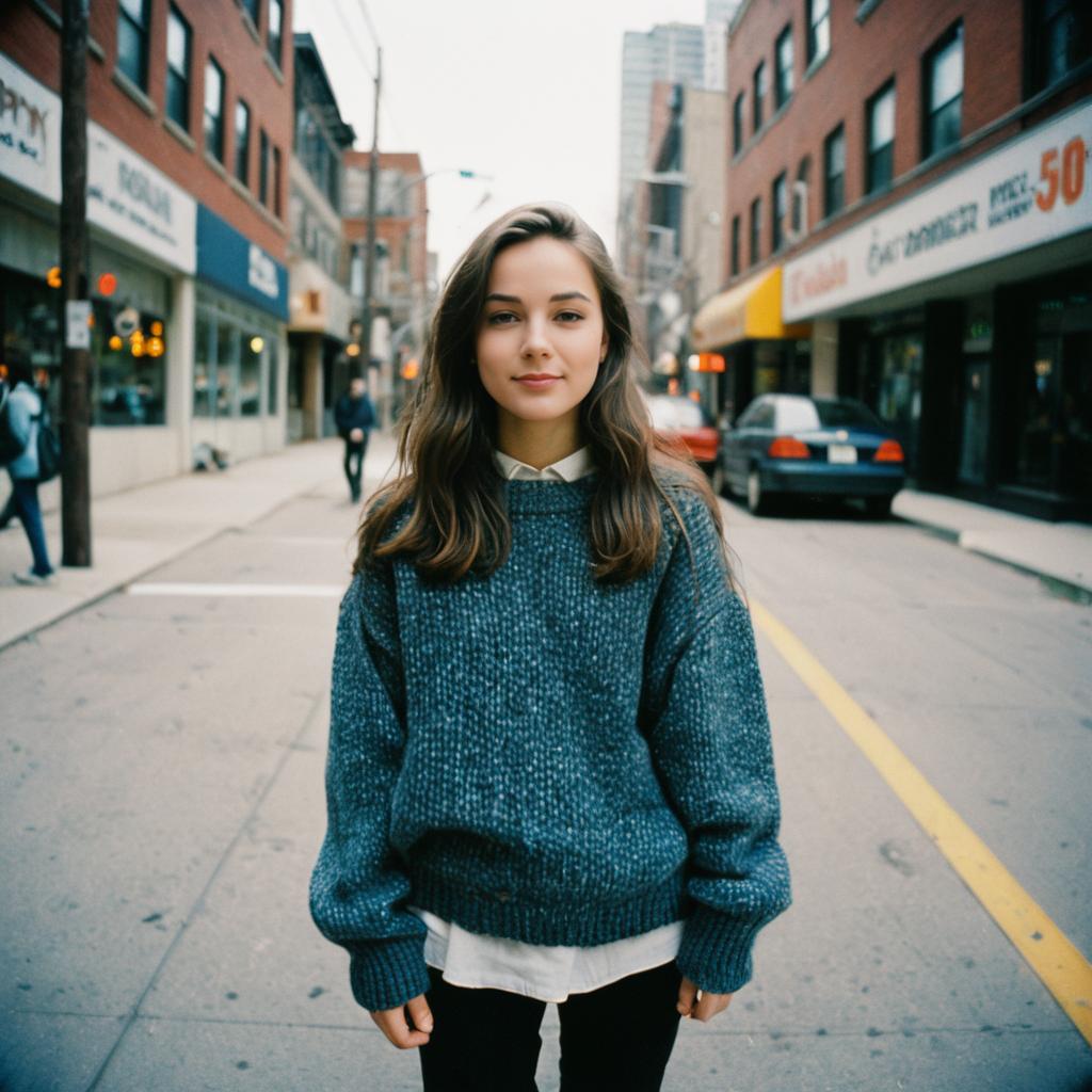 Young Woman in Blue Sweater on Urban Street