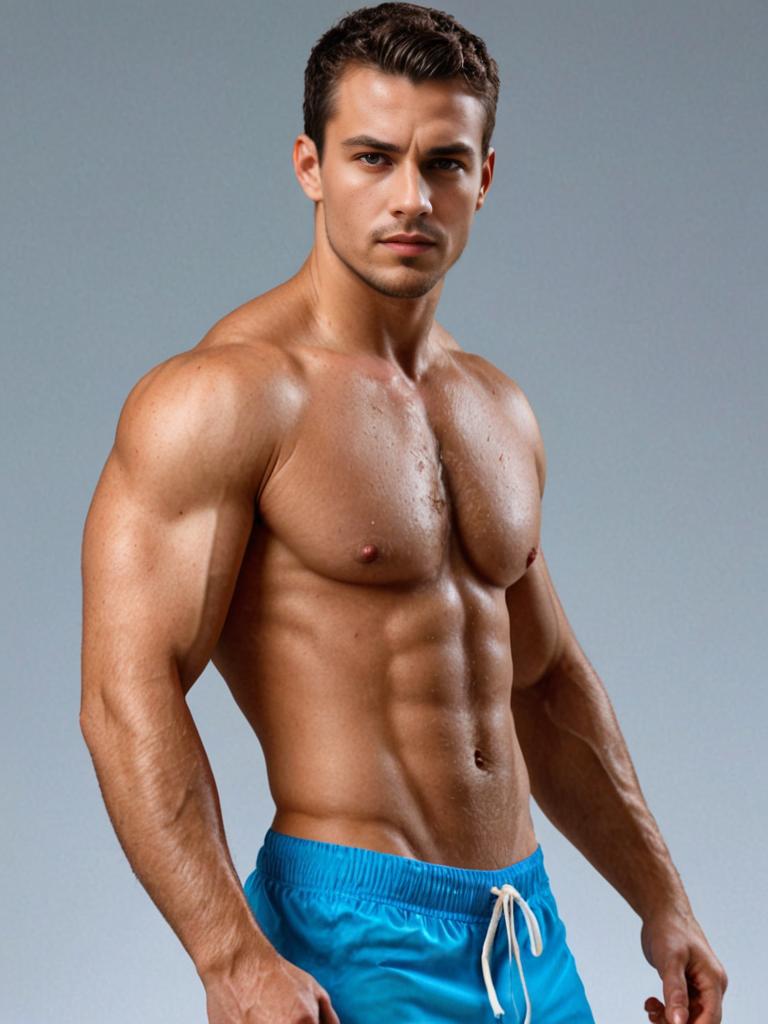 Muscular man posing in blue swim trunks