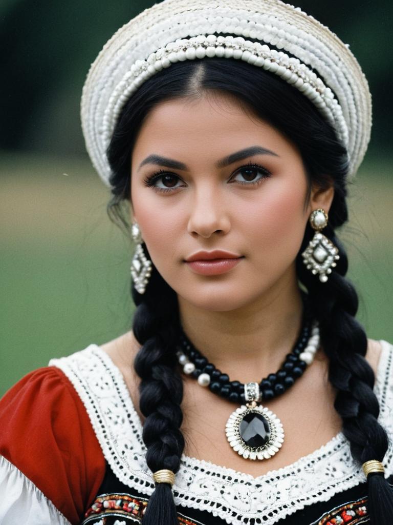 Georgian Woman Wearing Traditional National Costume with Braids and Jewelry
