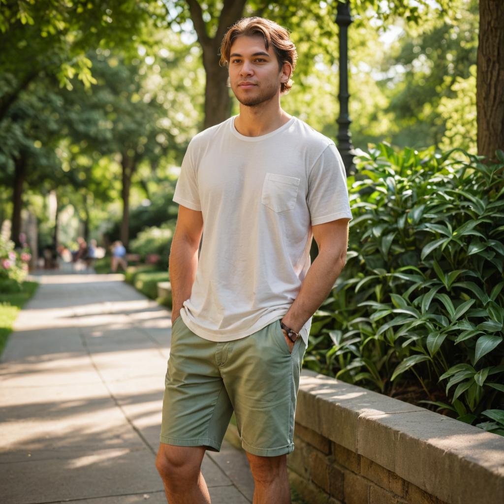 Confident Man in White T-Shirt and Green Shorts in Park