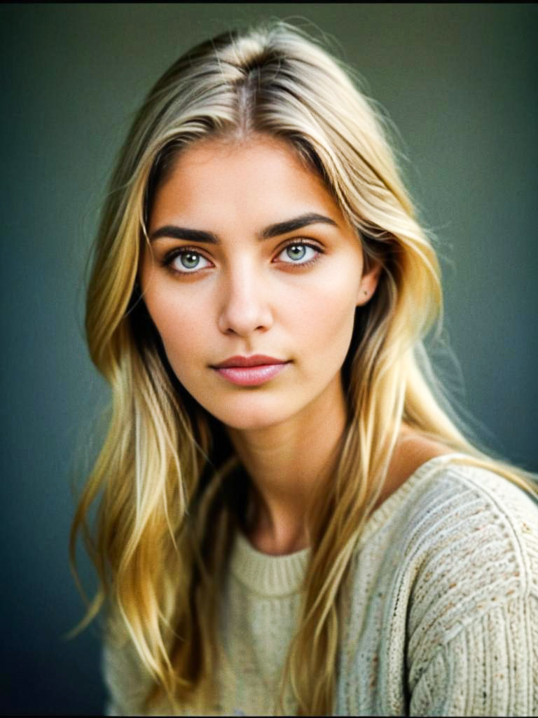 Close-up Portrait of a Confident Woman with Blonde Hair and Green Eyes