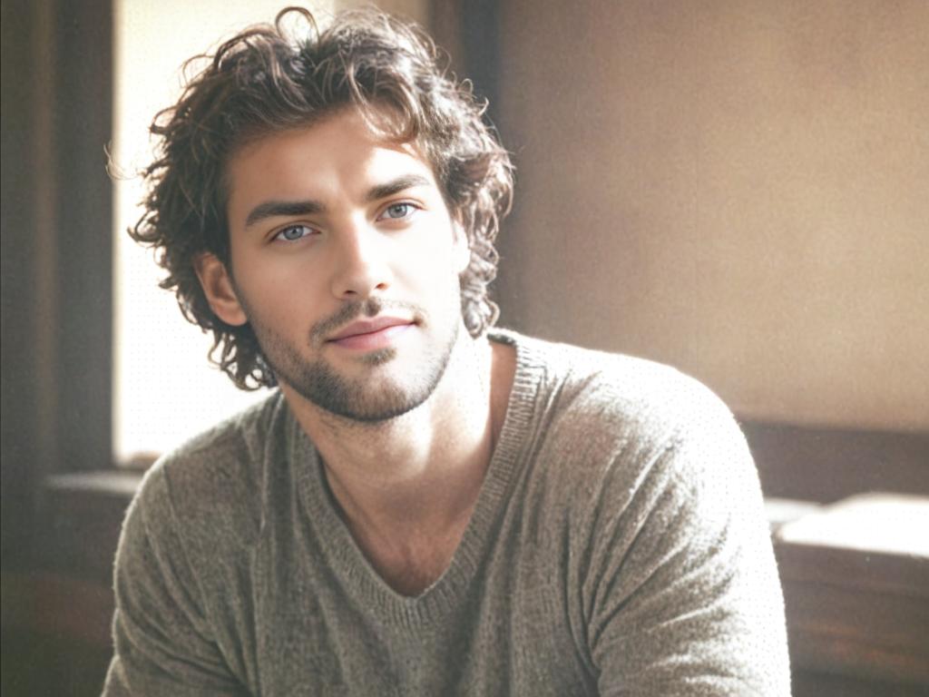 Contemplative Man with Curly Hair in Soft Light