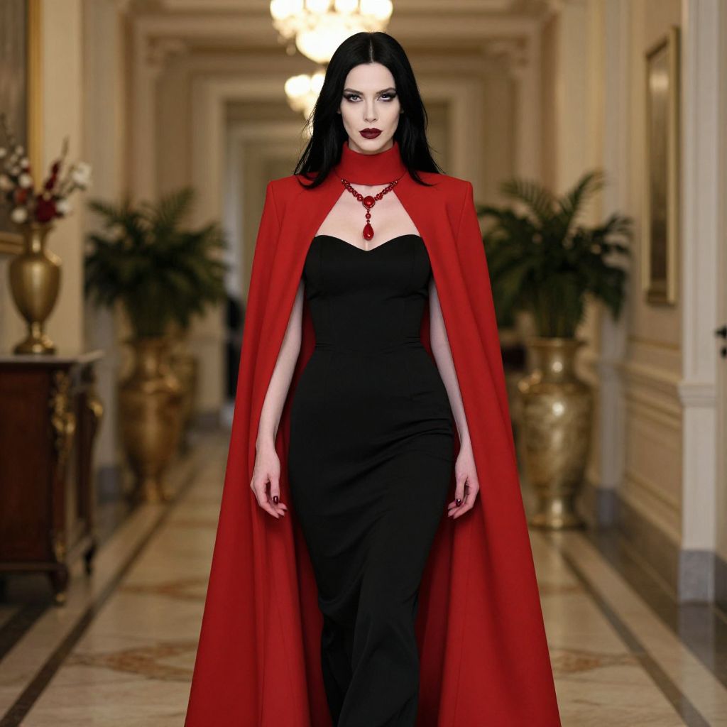 Elegant Woman in Black Dress with Red Cape in Luxurious Hallway