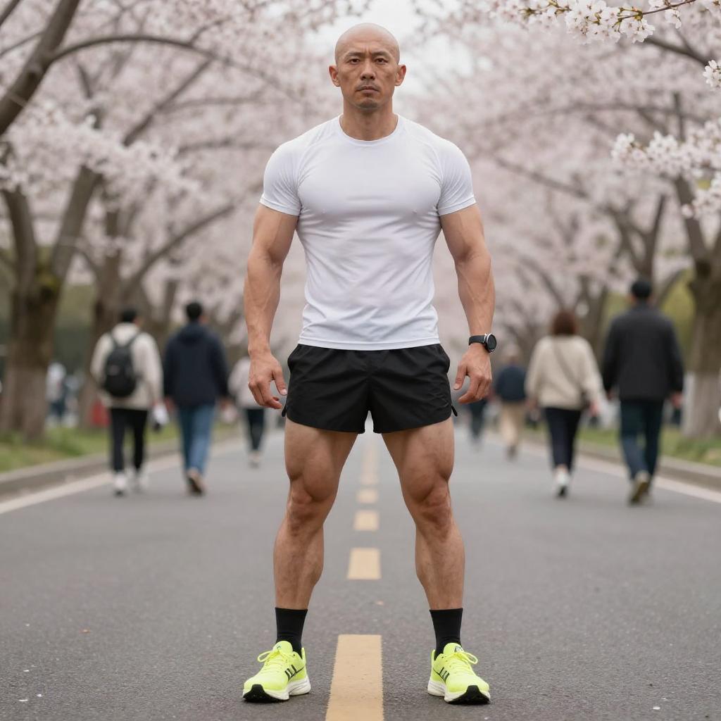 Muscular Man Standing on Cherry Blossom Lined Road in Athletic Wear
