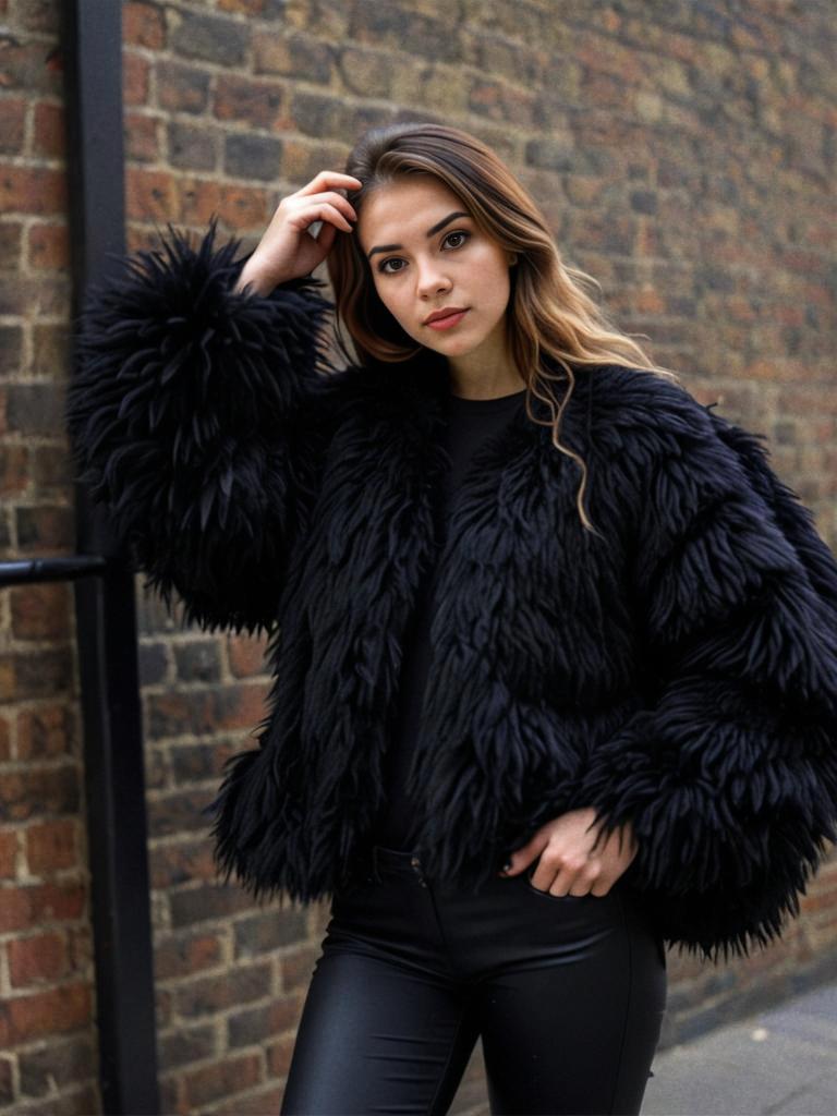 Fashionable Woman in Black Faux Fur Jacket