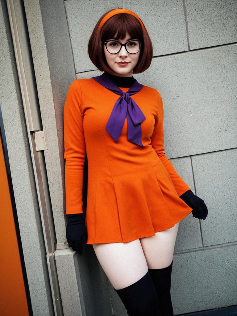 Confident Woman in Orange Dress with Bow Tie