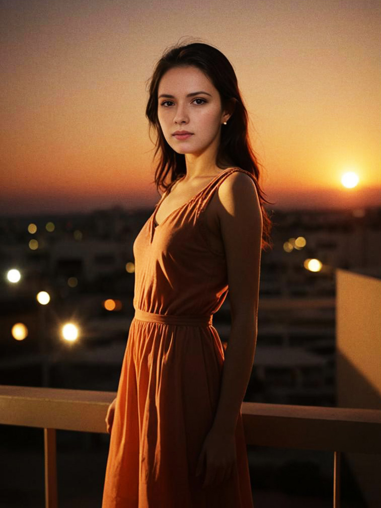 Woman on Balcony at Sunset in Sleeveless Dress