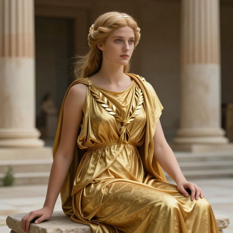 Woman in Golden Classical Robe Sitting in Ancient Architectural Setting