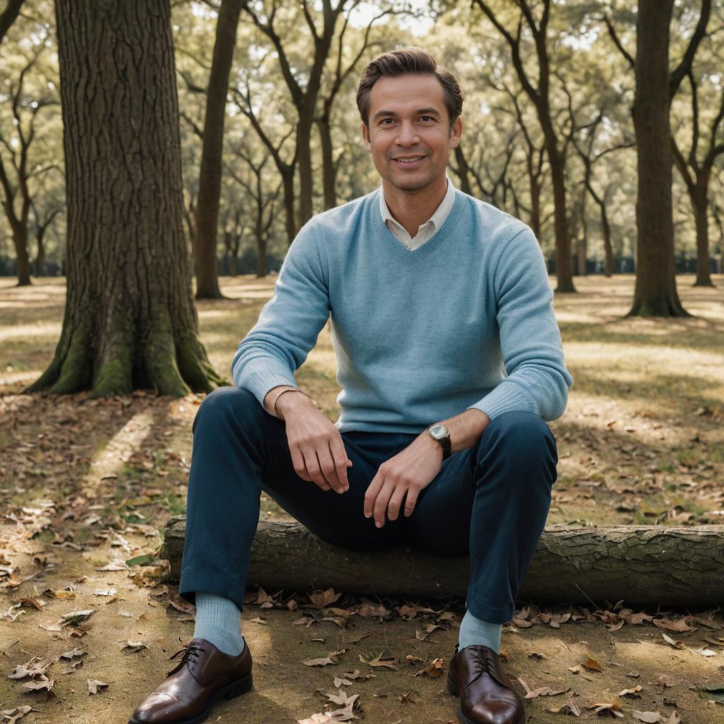 Man in Blue Sweater Relaxing on Tree in Park